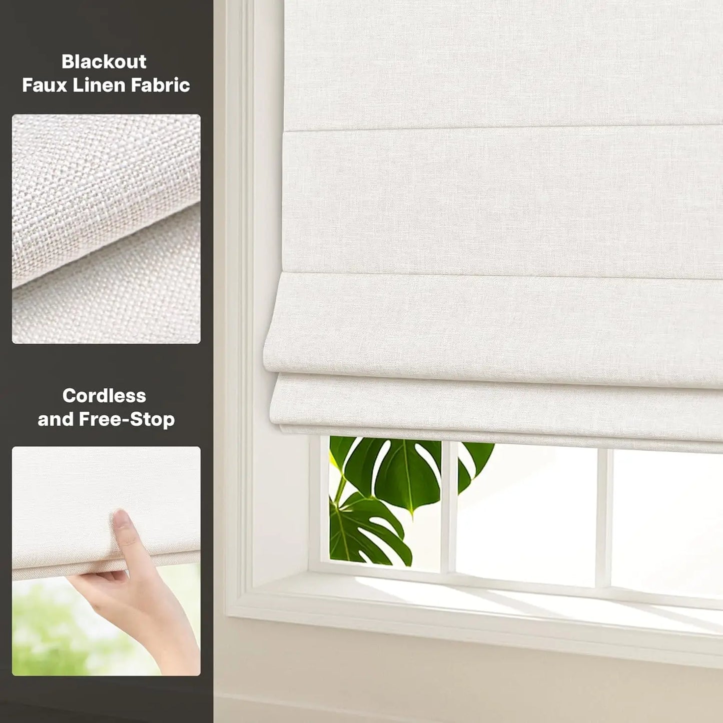 No Drill Cordless Roman Shades, Blackout Thermal Insulated UV Blocking Window Blinds, Lightweight Fabric for Indoor Windows