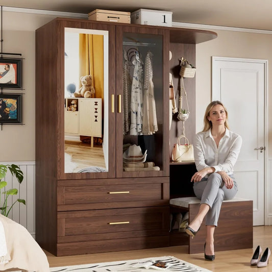 Wooden Farmhouse Armoire Wardrobe With Mirror Freestanding Closet
