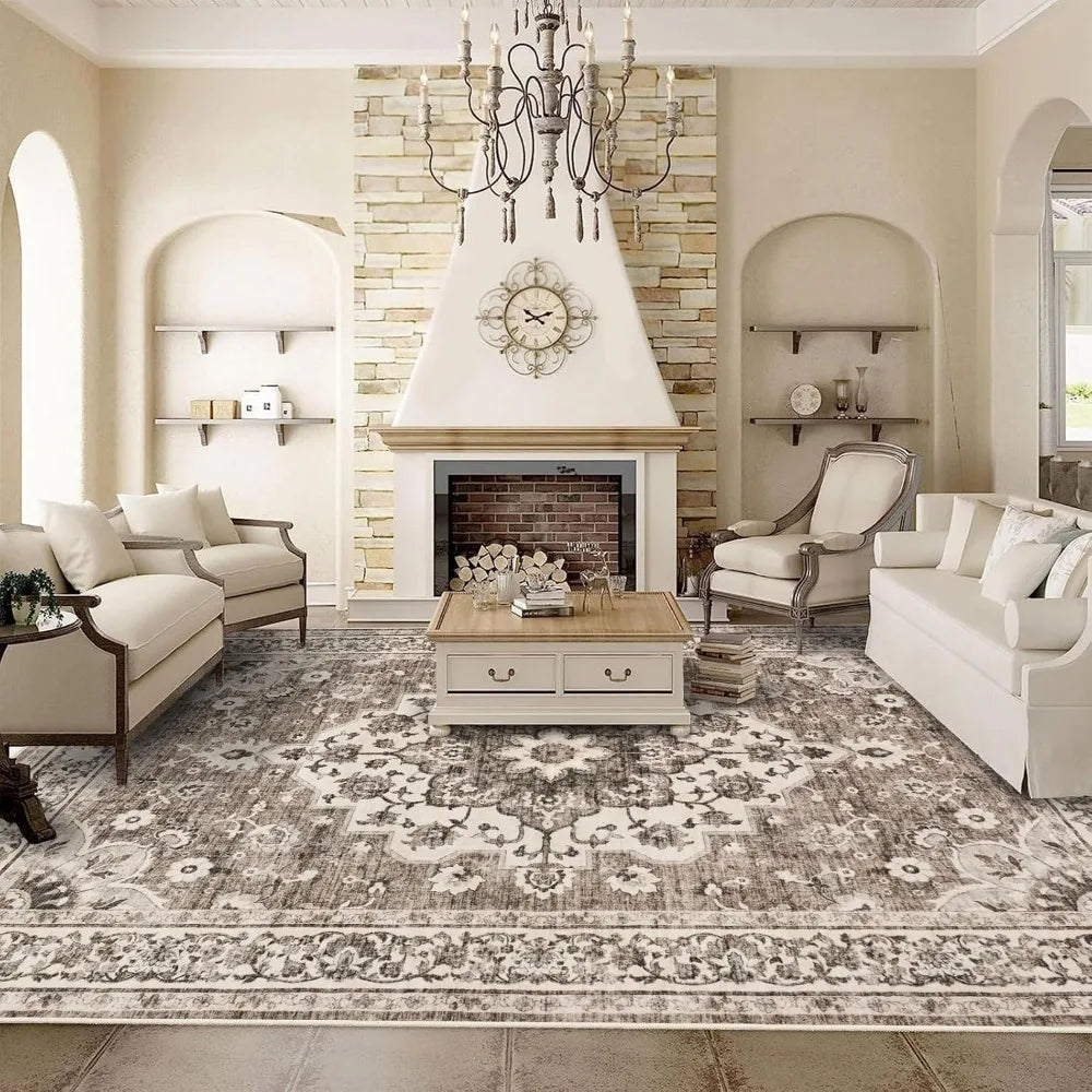 Washable Oriental Area Rug - 9x12 Rugs for Living Room Soft Carpet for Bedroom Waterproof Floral Distressed Indoor (Beige, 9x12)