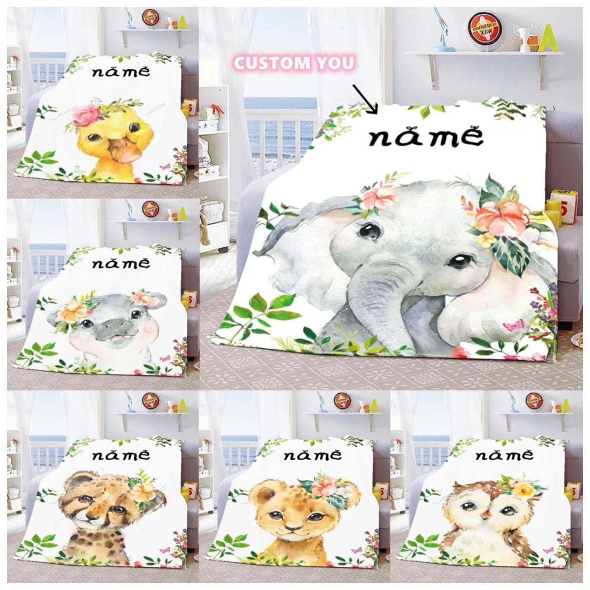 Custom Blanket Custom Name Blanket Baby Girl Boy Kids Cartoon Animal Cute Soft Flannel Throw Blankets Personalized Blanket Gifts