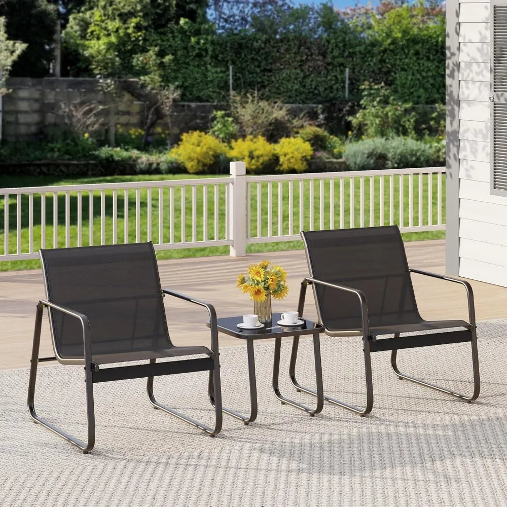 Patio Chairs Set of 2 with Metal Frame Glass Table
