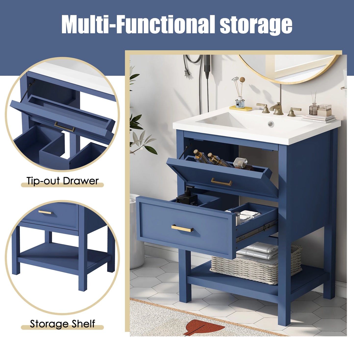 SHKL 24 Blue Bathroom Vanity With Sink And Two Drawers