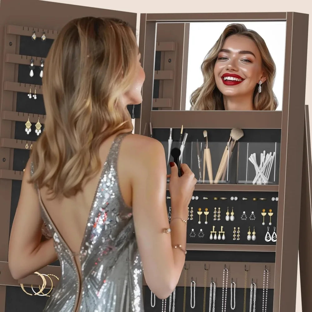360° Rotating Full-Length Mirror Jewelry Cabinet, Standing Mirror with Jewelry Storage, Makeup Organizer & Lock