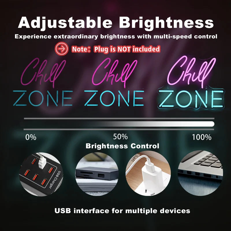 Chill Zone Neon Signs Custom For Lounge Game Room Bar Man Cave Bedroom Wall Art Decor 5/12V USB Powered Dimming Led Neon Sign