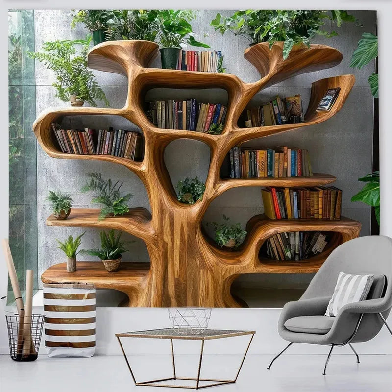 Tree Bookshelf Tapestry Natural Art Green Plants Forest Decor