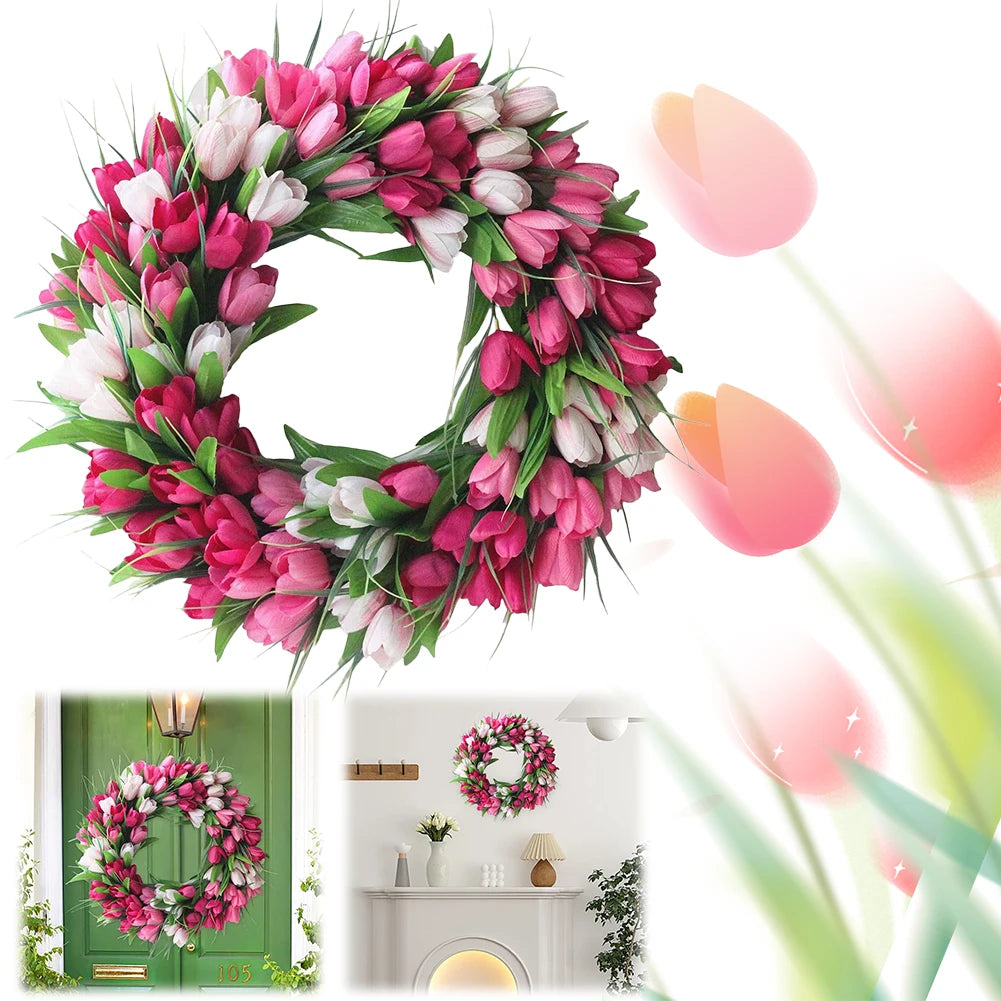 15.7inch Tulip Wreath for Front Door Spring Wreath Artificial Flower Wreath with Tulips for Wall Window Party Wedding Decor