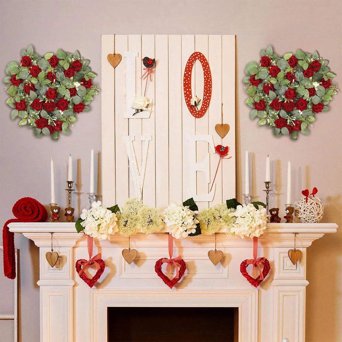 Heart Shaped Red Rose Wreath, Artificial Floral Heart Shaped Garland Valentine's Day Hanging Wreath Wedding Hanging Decoration