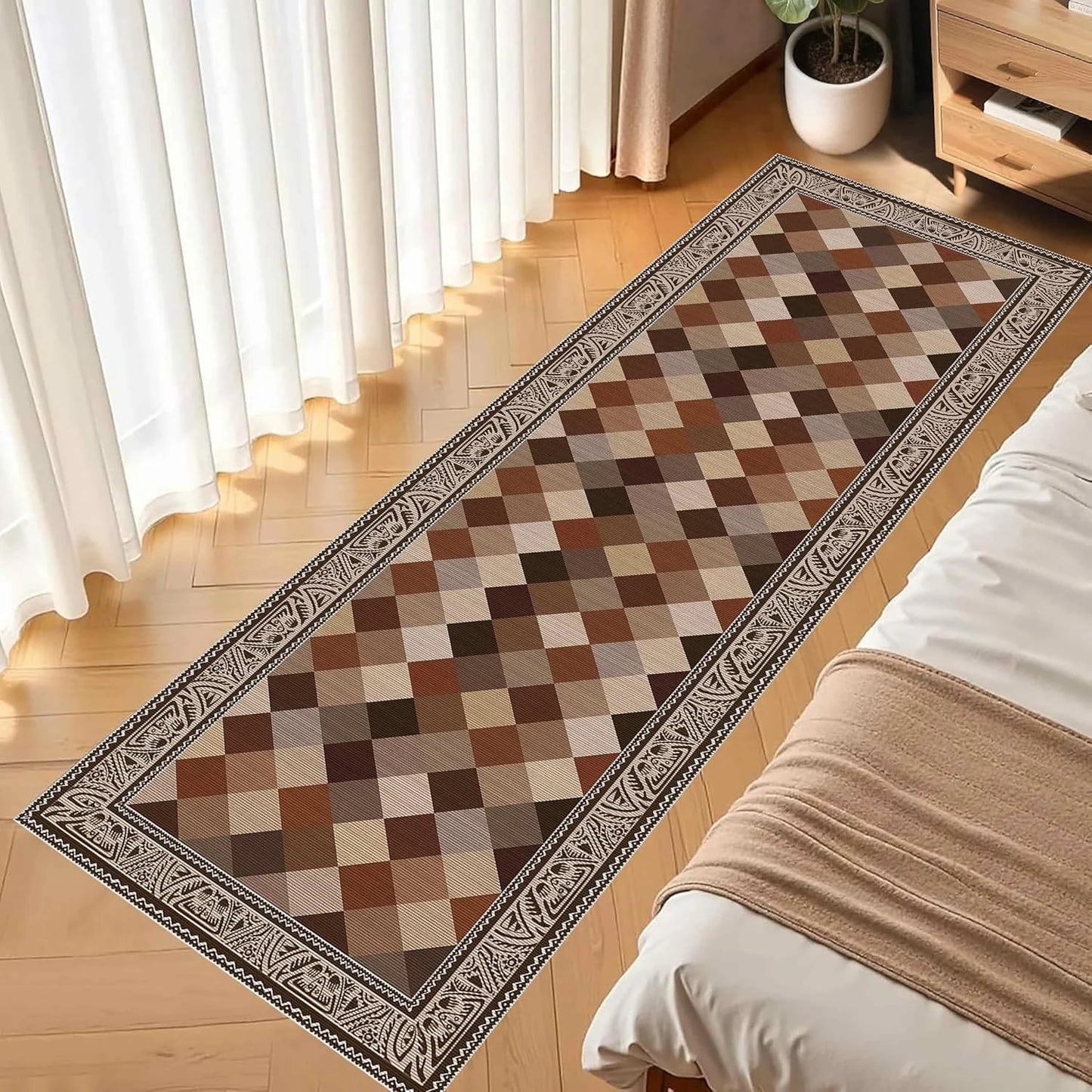 Checkered Print Runner Rug Vintage Hallway Mat Moroccan Trellis