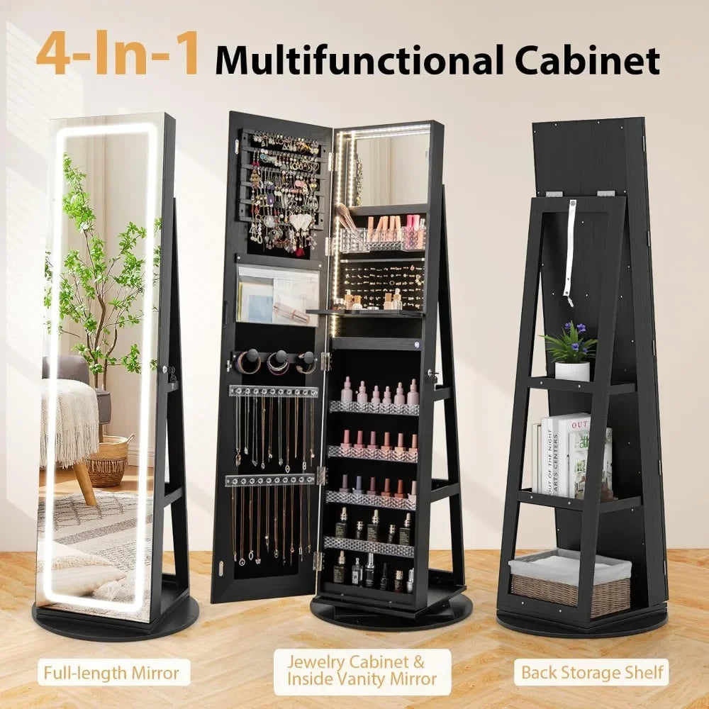 360 Degree Swivel Jewelry Cabinet Armoire With Mirror