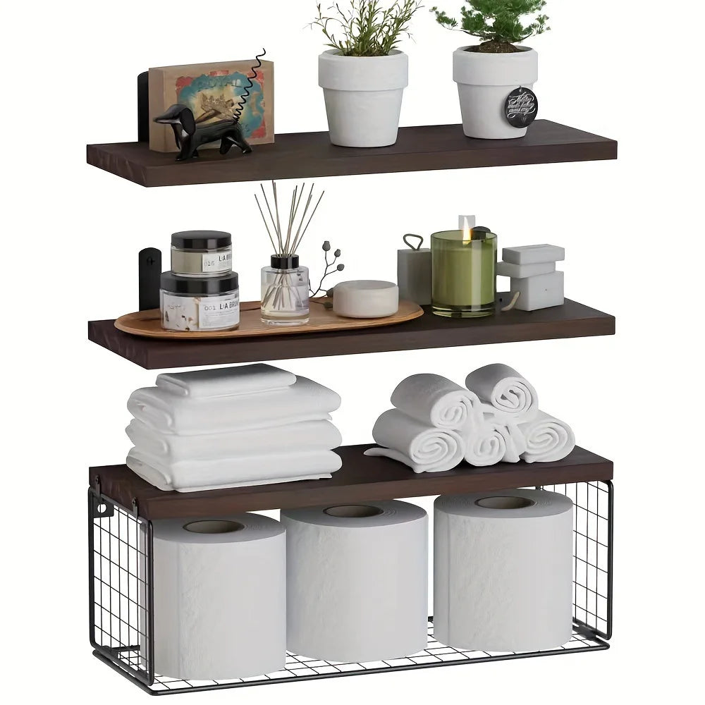 Triple Wood Wall Mounted Bathroom Shelves Storage Solution
