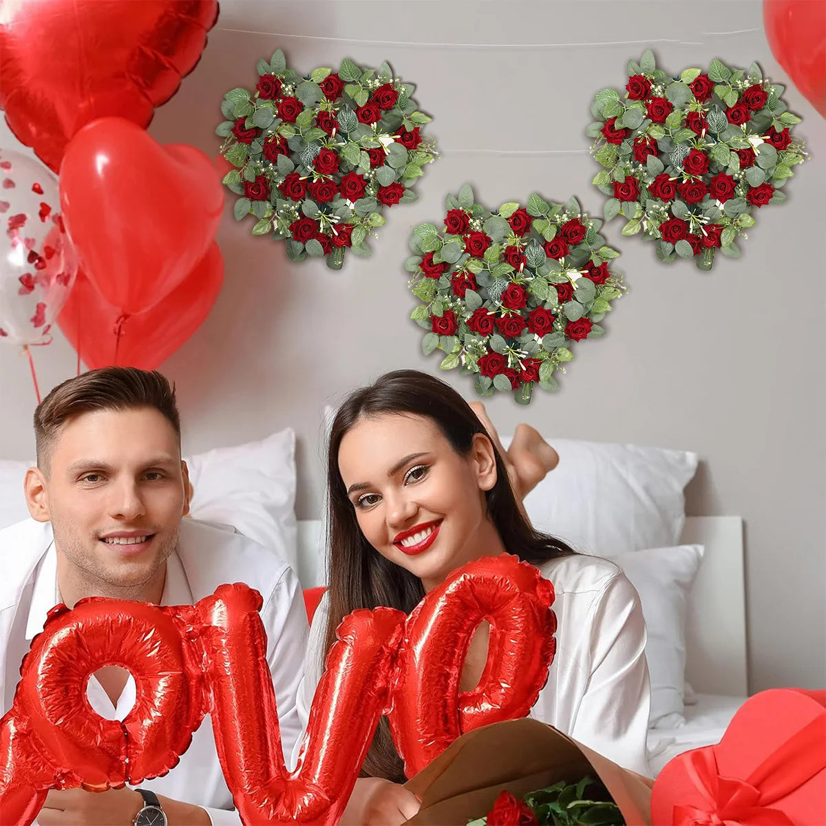Heart Shaped Red Rose Wreath, Artificial Floral Heart Shaped Garland Valentine's Day Hanging Wreath Wedding Hanging Decoration