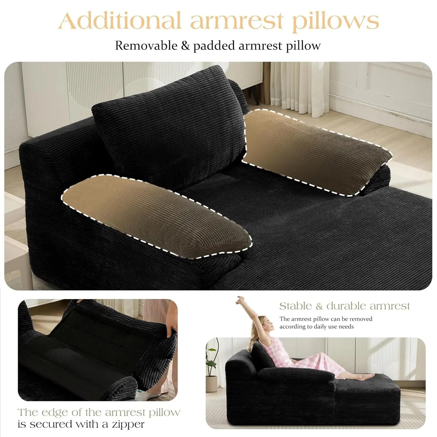 Chaise Lounge Chair, 67.7" Oversized Corduroy Sleeper Chair with Wide Armrests Upholstered Sofa Bed Boneless Couch, Customized