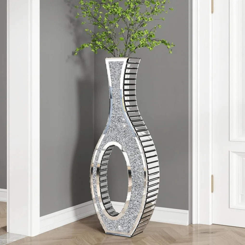 2 Shapes 68CM Crushed Diamond Decorative Mirrored Floor Vase Crystal Silver Glass Flower Vase for Pampas Grass Artificial Flower