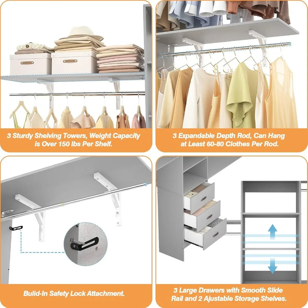 96 Inch Closet System With 3 Hanging Rods And Drawers