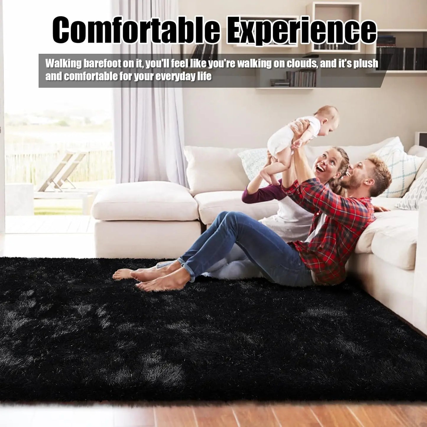 Fluffy Shag Area Rug 8x10, Non-Shedding Soft Carpet for Living Room Bedroom Kids Nursery, Black Fuzzy Indoor Plush Home Decor