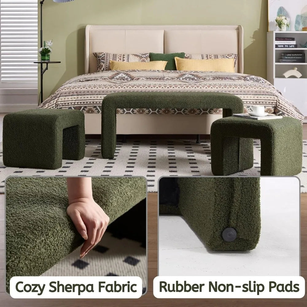 Three Piece Nesting Ottoman Bench Set Sherpa Upholstered