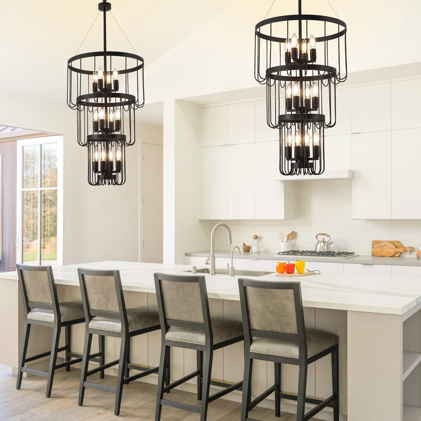 Farmhouse Lantern Tiered Chandelier for Foyer LED Lighting