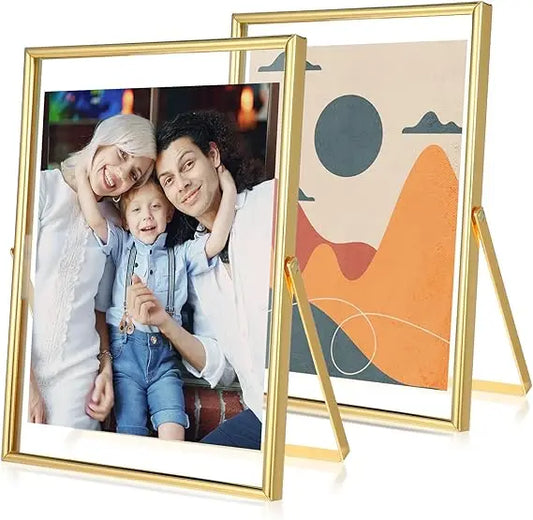 2 Pack Gold Frame Floating Picture Frame, Tempered Glass Frame, for Tabletop Display, Gold Metal Display Frames, for Multi Size