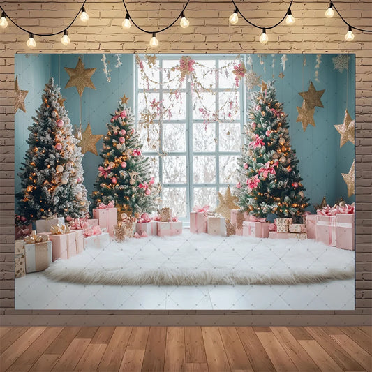 Photography Backdrop Christmas Trees Stars Newborn Birthday Portrait Window Tulle Curtains Gift Decor Photo Background