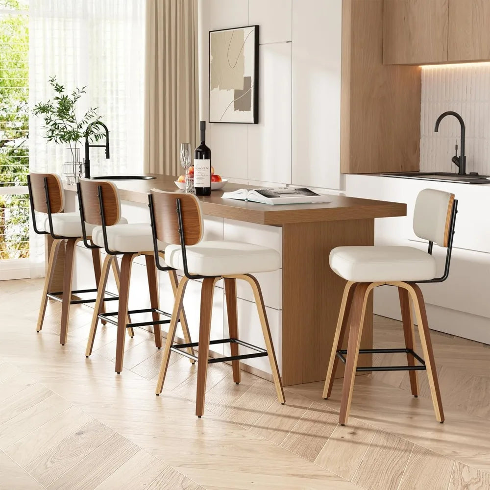 Bar Stools Set of 4, 26" Upholstered Faux Leather Counter Height Barstools with Walnut Back & Bentwood Legs, Mid Century