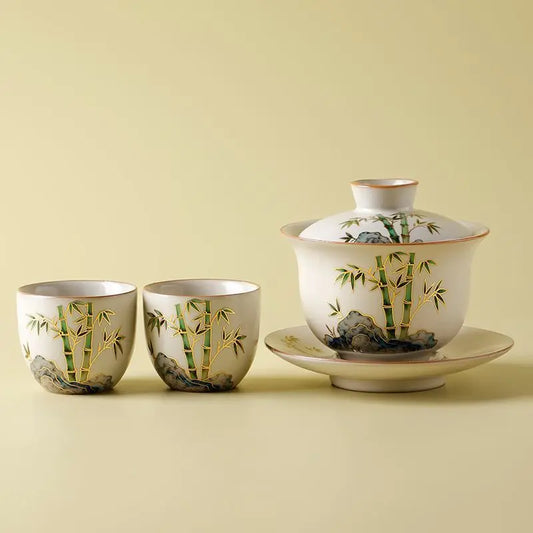 Gaiwan Tea Set 1 Gaiwan, 2 Cups, Hand-painted Ceramic, High-end Kung Fu Tea Set, Ru Kiln Teaware