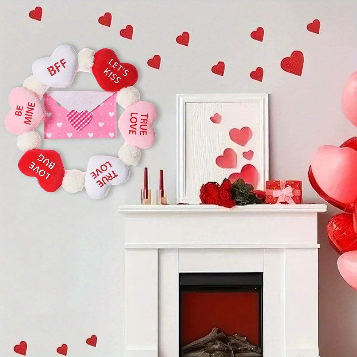 Valentine's Day Wreath with Envelope, 15.7 Inch Valentine Wreath Decorations for Front Door Indoor Outdoor Wall Window,
