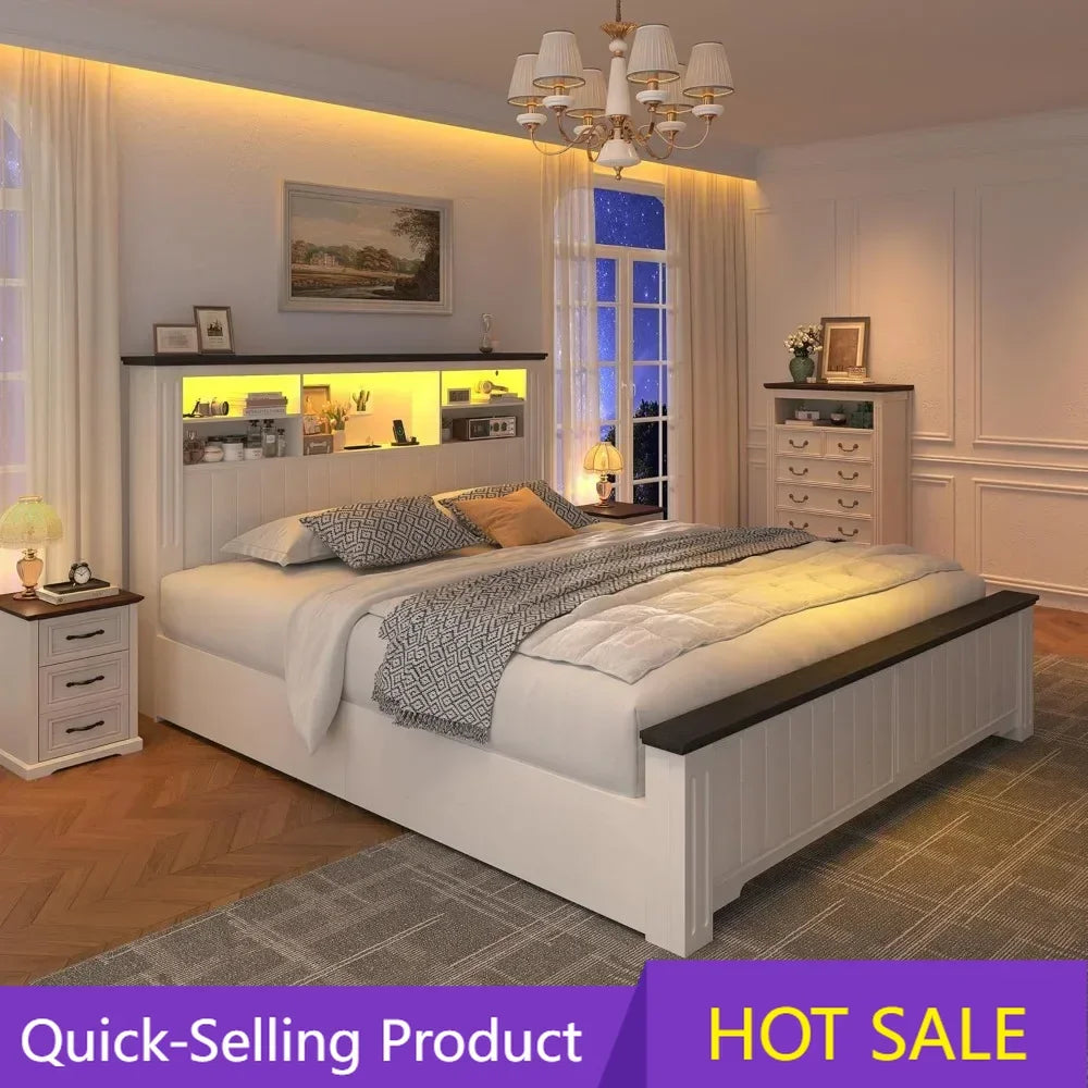 flash sale Bestsellerenhomee full size bed frame with headboard, full bed frame with 4 drawers charging port & led, farmhouse be