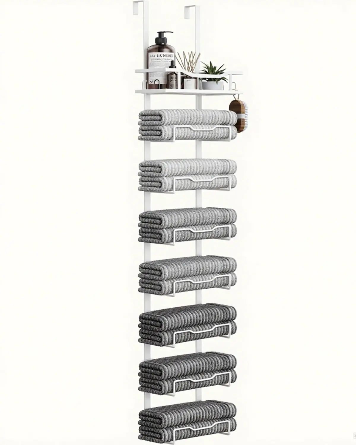 Hanging Towel Racks For Bathroom No Drill - 6-Tier Over The Door Bath Towel Storage Organizer For Small Bathrooms - Tiered Back