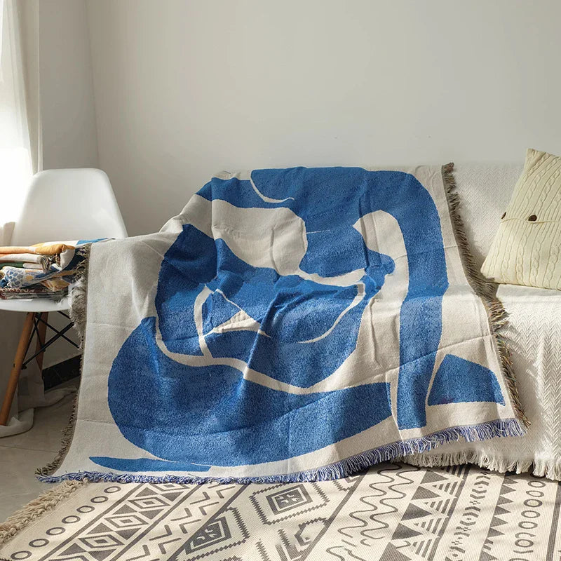 Casual Throw Blankets With Tassels Carpet Sofa Leisure Carpet Tapestry Sofa Blanket Wall Hanging Room Decoration Blue Carpet