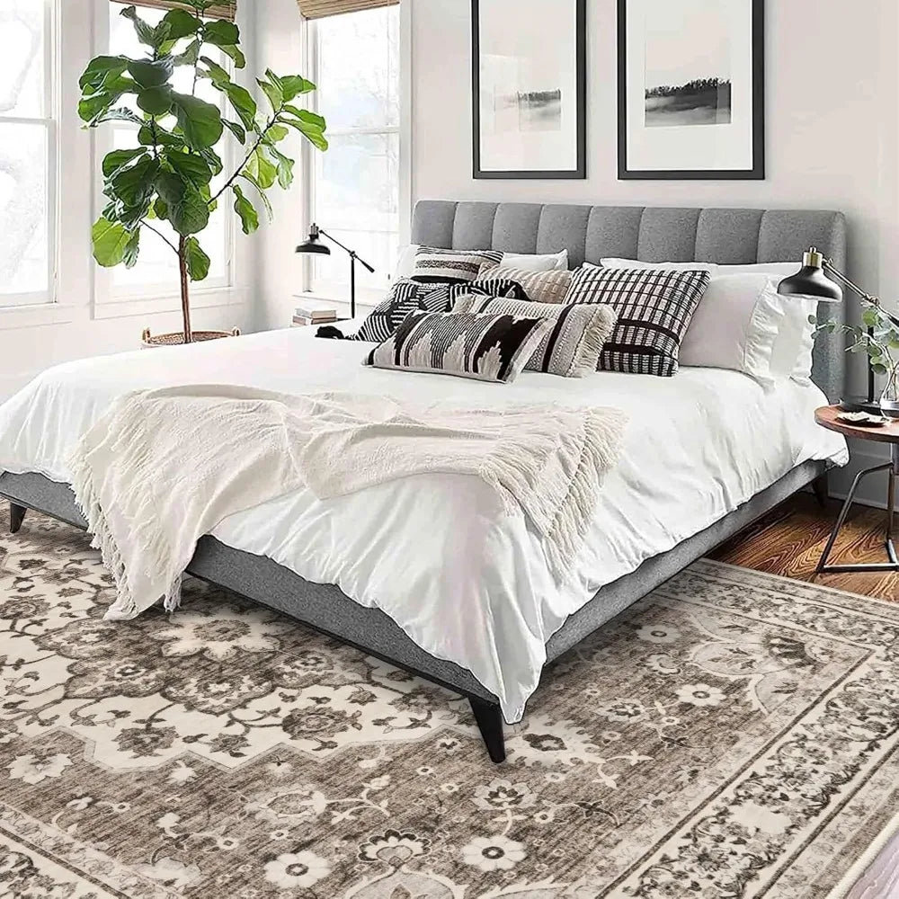 Washable Oriental Area Rug - 9x12 Rugs for Living Room Soft Carpet for Bedroom Waterproof Floral Distressed Indoor (Beige, 9x12)