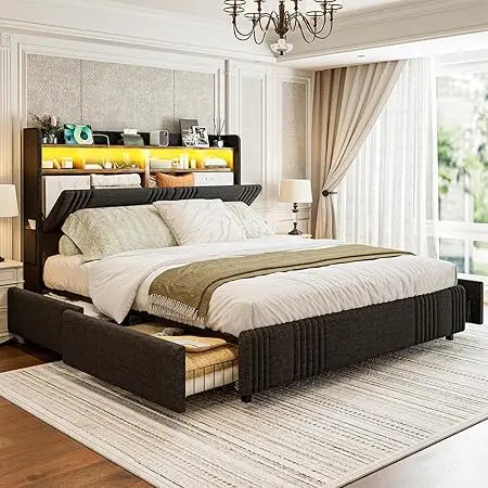 California King Bed Frames with Hidden Storage Headboard & 4 Drawers, 49.2” Tall Upholstered Wingback Headboard with LED Lights