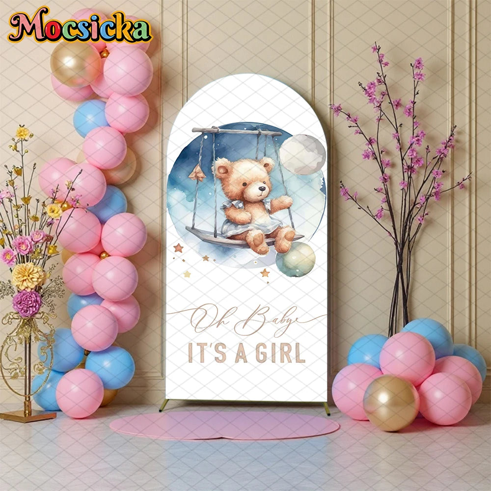 Mocsicka Bear Arch Backdrop Cover Baby Shower Birthday Party Arched Background Props Hot Air Balloon Pattern Art Decor Photocall