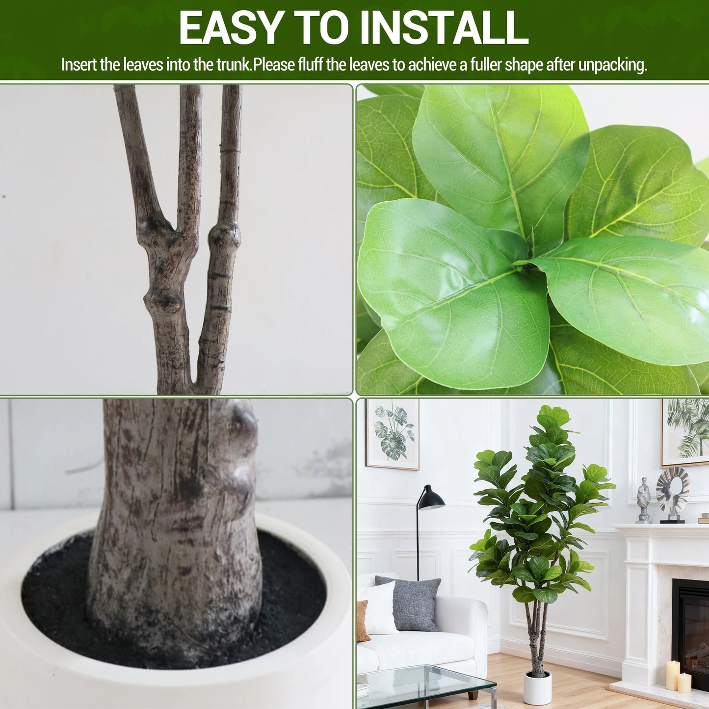 TWISTER.CKCN Artificial Fiddle Leaf Fig Tree With Pot Indoor Outdoor Decor