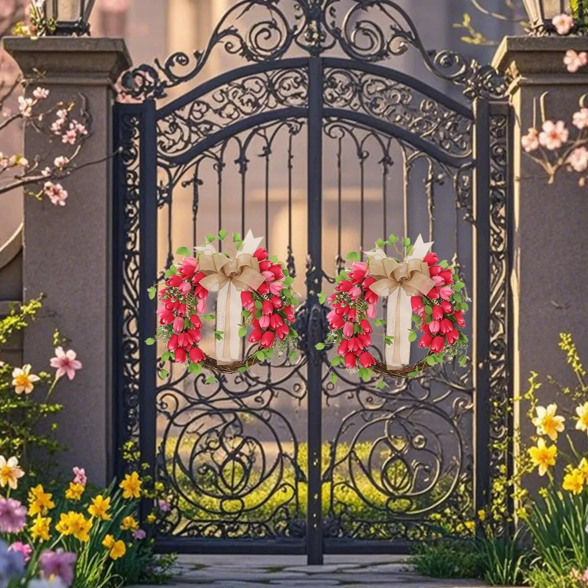 Valentine's Day Tulip Wreath for Front Door, 17.7 Inch Valentine Door Wreath Valentine's Wreaths Tulip Wreath with Red