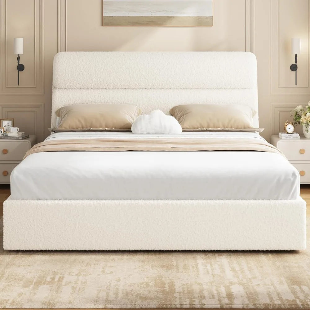 California King Boucle Bed Frame with Headboard, Upholstered Platform Bed, No Box Spring Required, Easy Assembly
