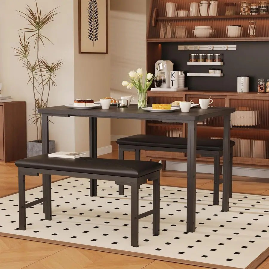 XMSJ Dining Table Set For 4 With 2 Upholstered Benches