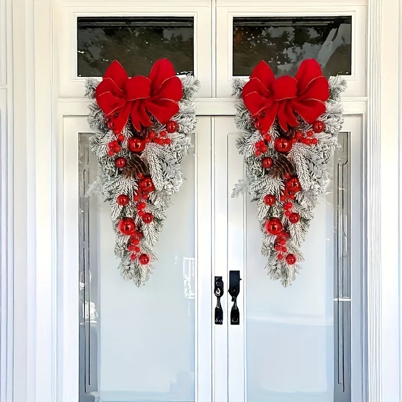 45/60cm Christmas Tree With Red Bow Christmas Ball For Front Door Window  Flocking Wreath Xmas Ornaments Christmas Decorations