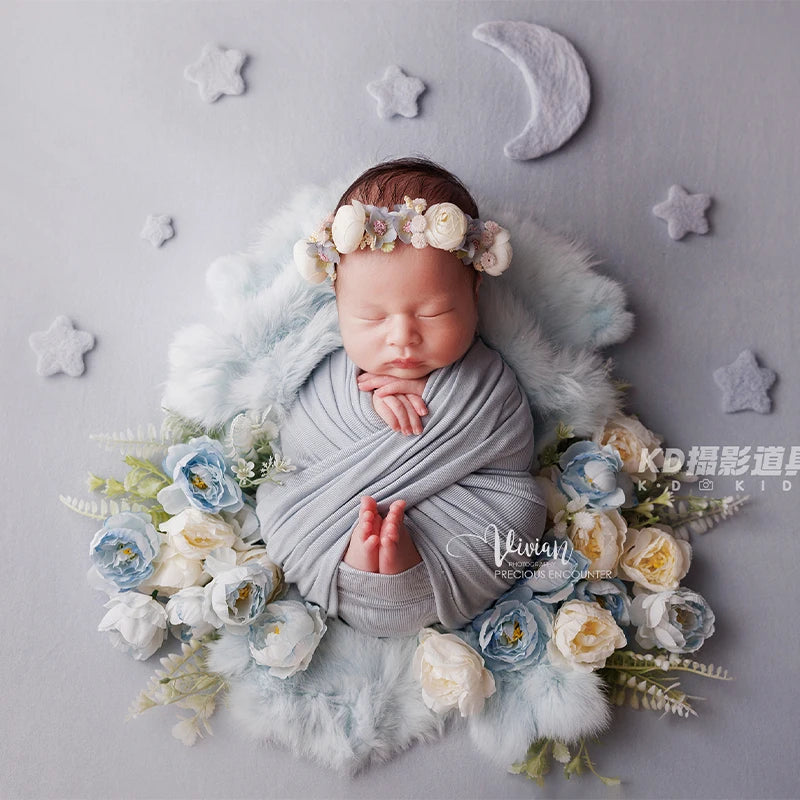 Newborn Photography Props Natural Rabbit Fur Rug Baby Photo Blankets Studio Infant Posing Basket Filled Background Accessories