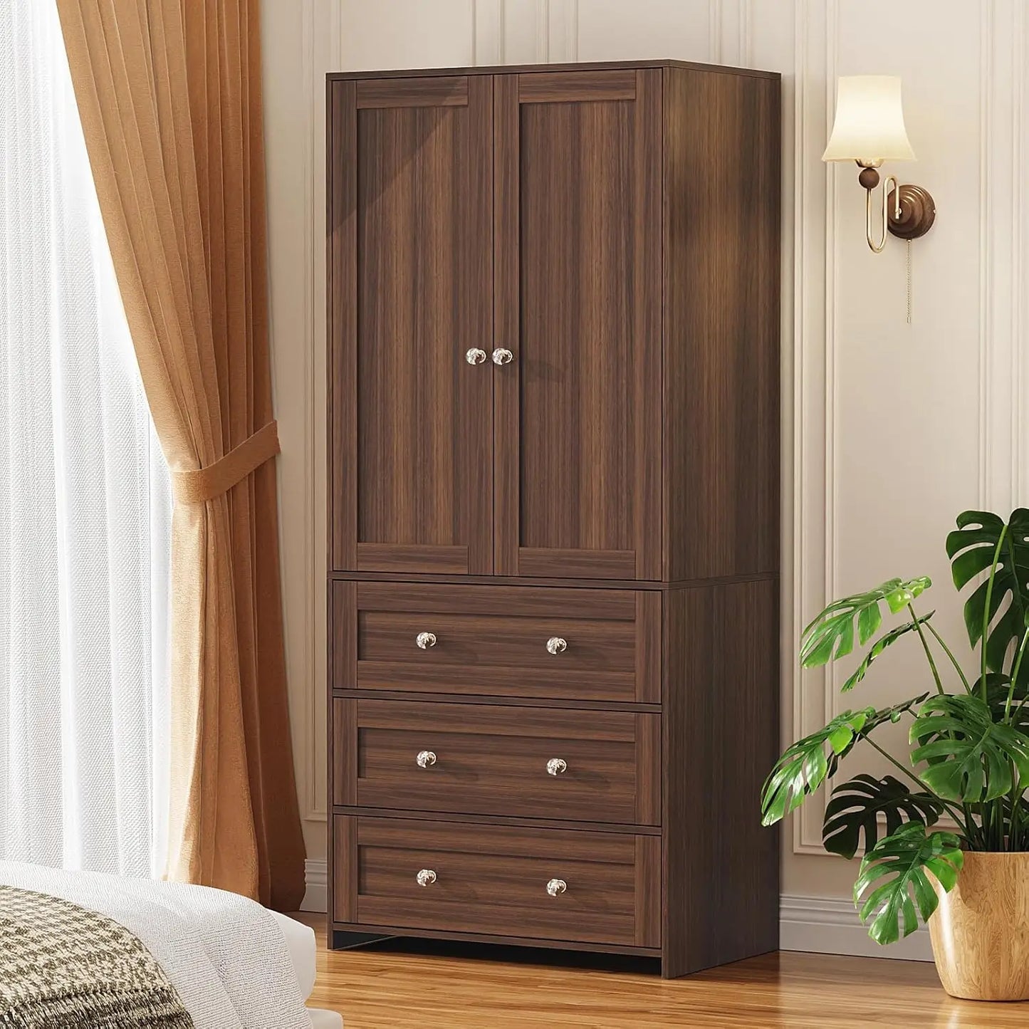 Armoire Wardrobe Closet with Drawers and Mirror, 71" Clothing Storage Cabinet with Hanging Rod, 2 Doors Wooden, Customized