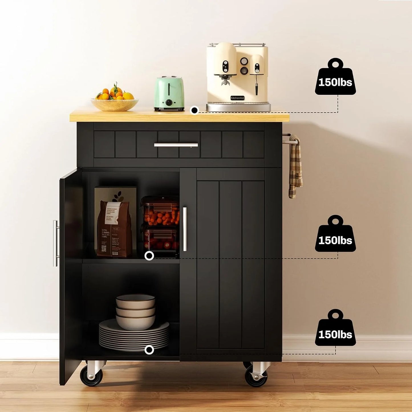 Kitchen Island On Wheels With Storage Cabinet And Drawer