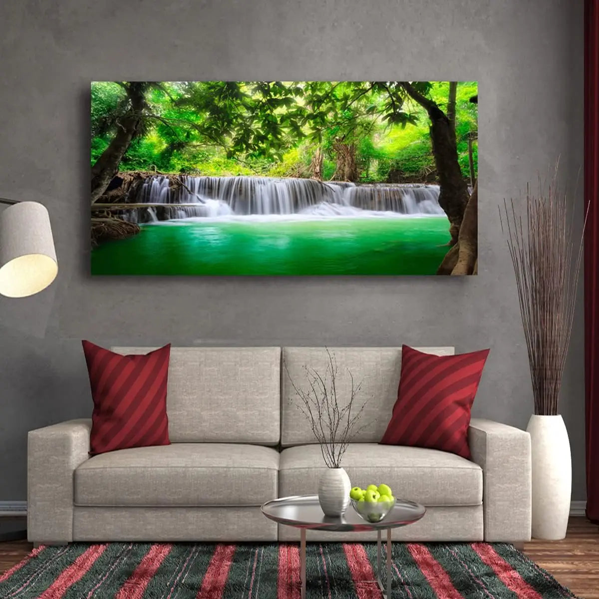 Waterfall Tree Landscape Canvas Wall Art, 50x100cm Framed Painting for Living Room Decor, Waterproof Ready to Hang