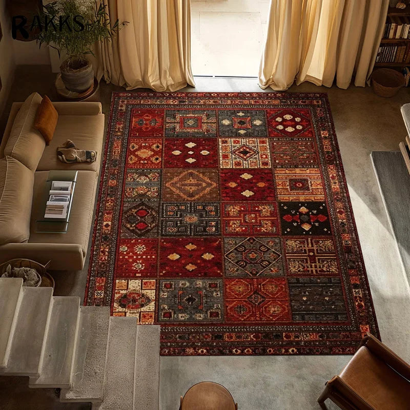 RAKKS Large Retro Red Ethnic Style Patchwork Carpet Area Rug Non-slip Living Room Decor Sofa Rug Bedroom Bedside Rug Floor Mat