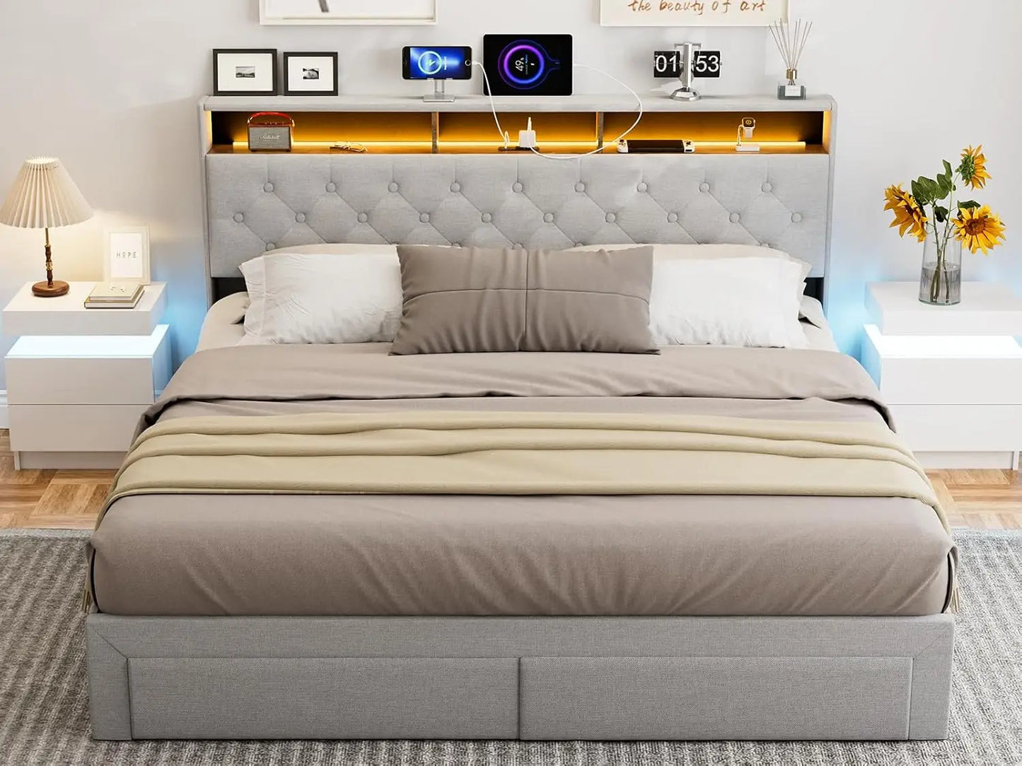 California King Bed Frames with 4 Drawers, Hidden Storage Headboard with LED Lights and Charging Station, Upholstered Cal King P