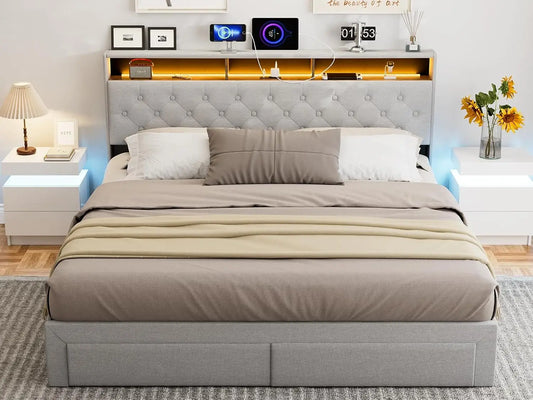 California King Bed Frames with 4 Drawers, Hidden Storage Headboard with LED Lights and Charging Station, Upholstered Cal King P