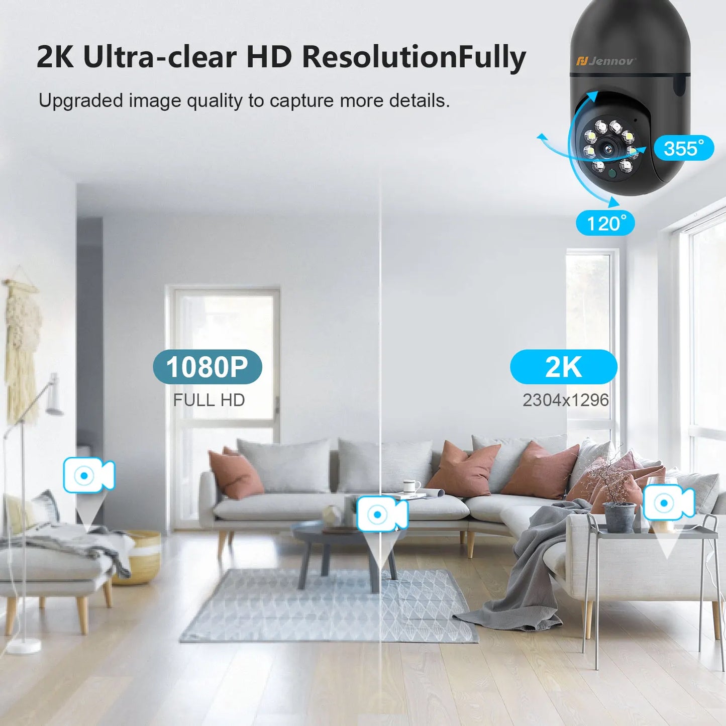 JENNOV 3MP Light Bulb Security Camera 360 Degree Wireless WiFi