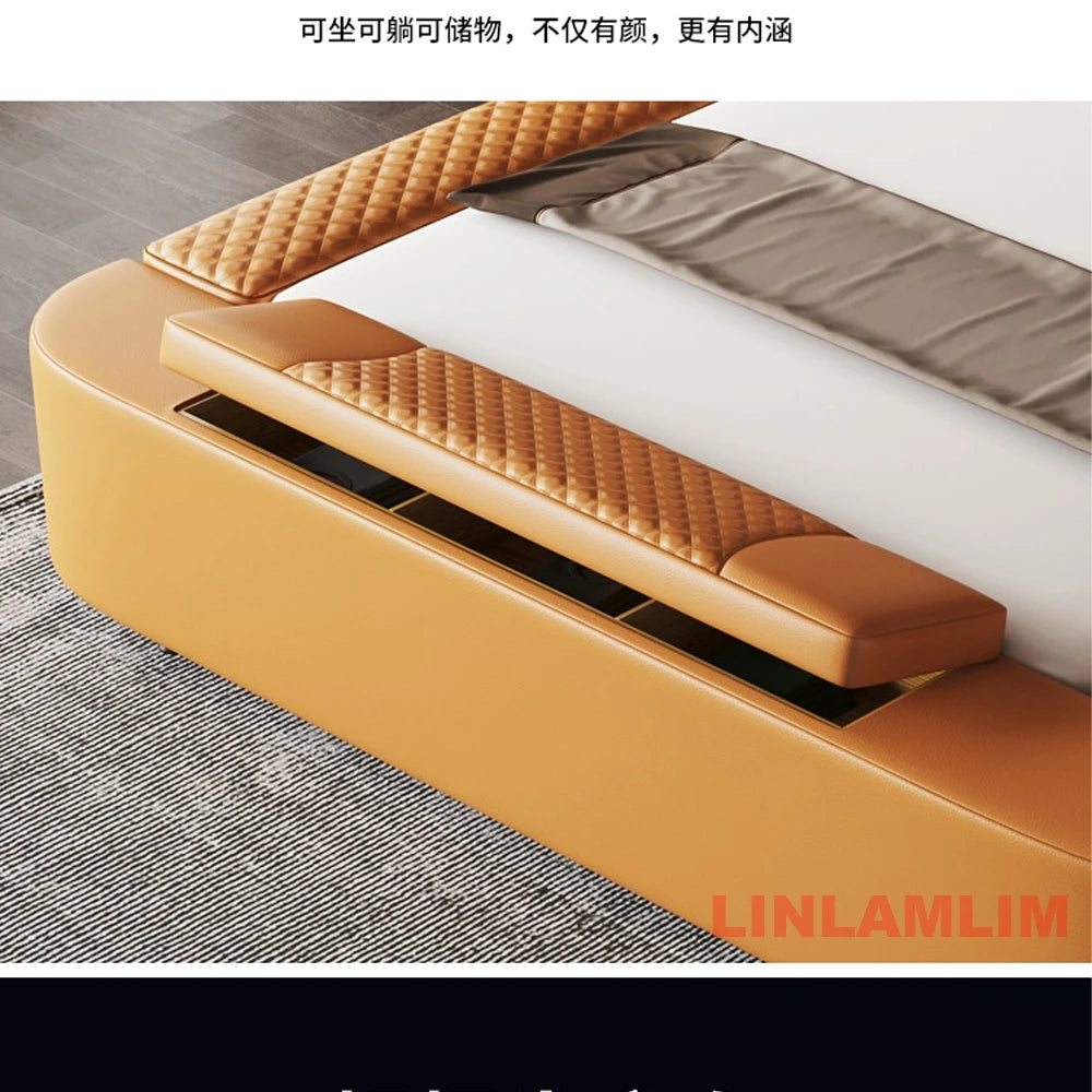 All In One Bed, Luxury Upholstered Platform Bed Frame with Storage, Speaker,LED Light & USB, Genuine Leather Bed King/Queen Size
