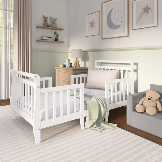 Emma 3in1 Convertible Wooden Toddler Bed in White, Baby Safety Alliance Certified, LowtoFloor Design, Solid Pinewood with Safety