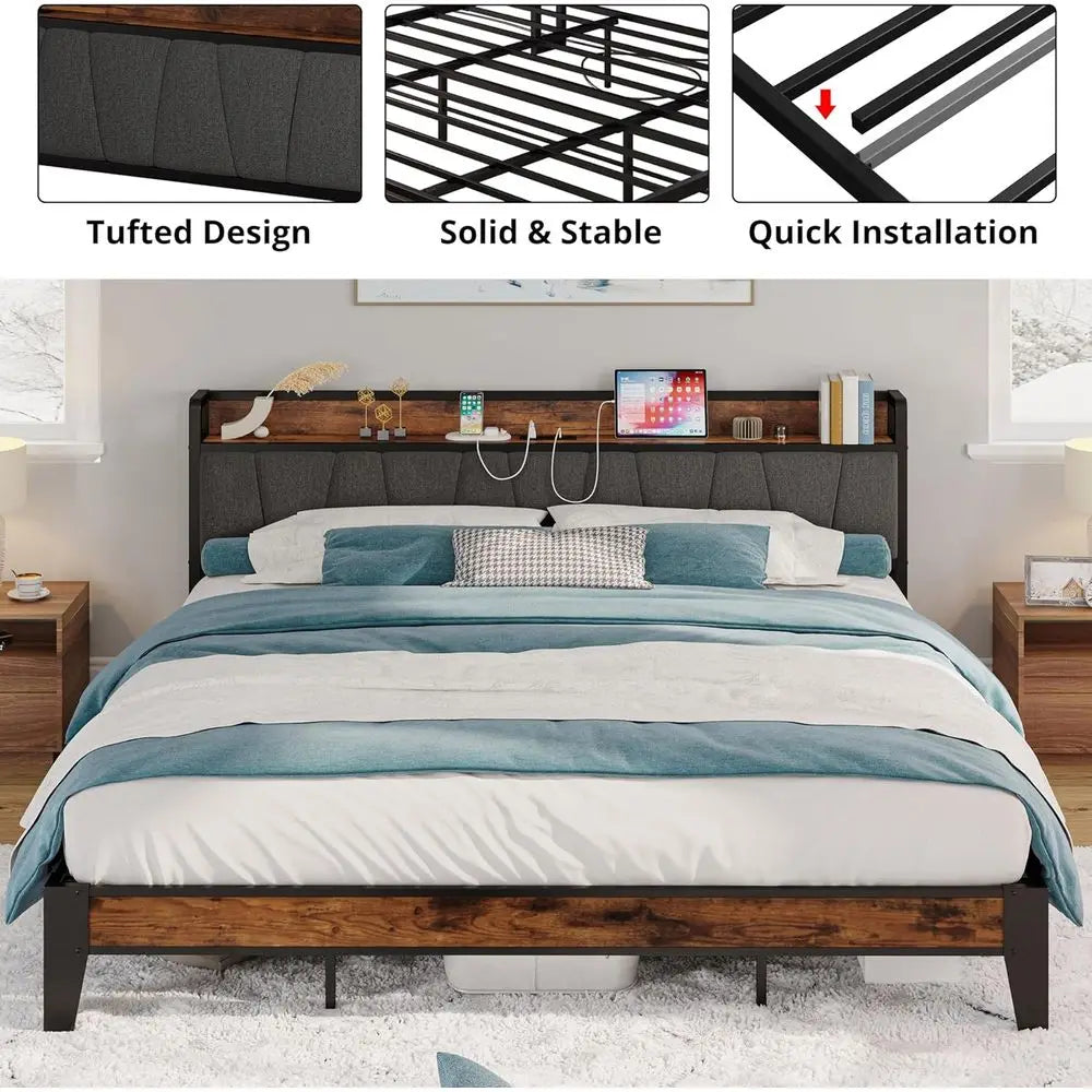 California King Bed Frames, Storage Headboard with Charging Station, Solid and Stable, Noise Free, No Box Spring Needed, Easy As