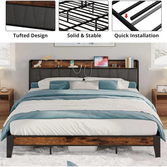 California King Bed Frames, Storage Headboard with Charging Station, Solid and Stable, Noise Free, No Box Spring Needed, Easy As
