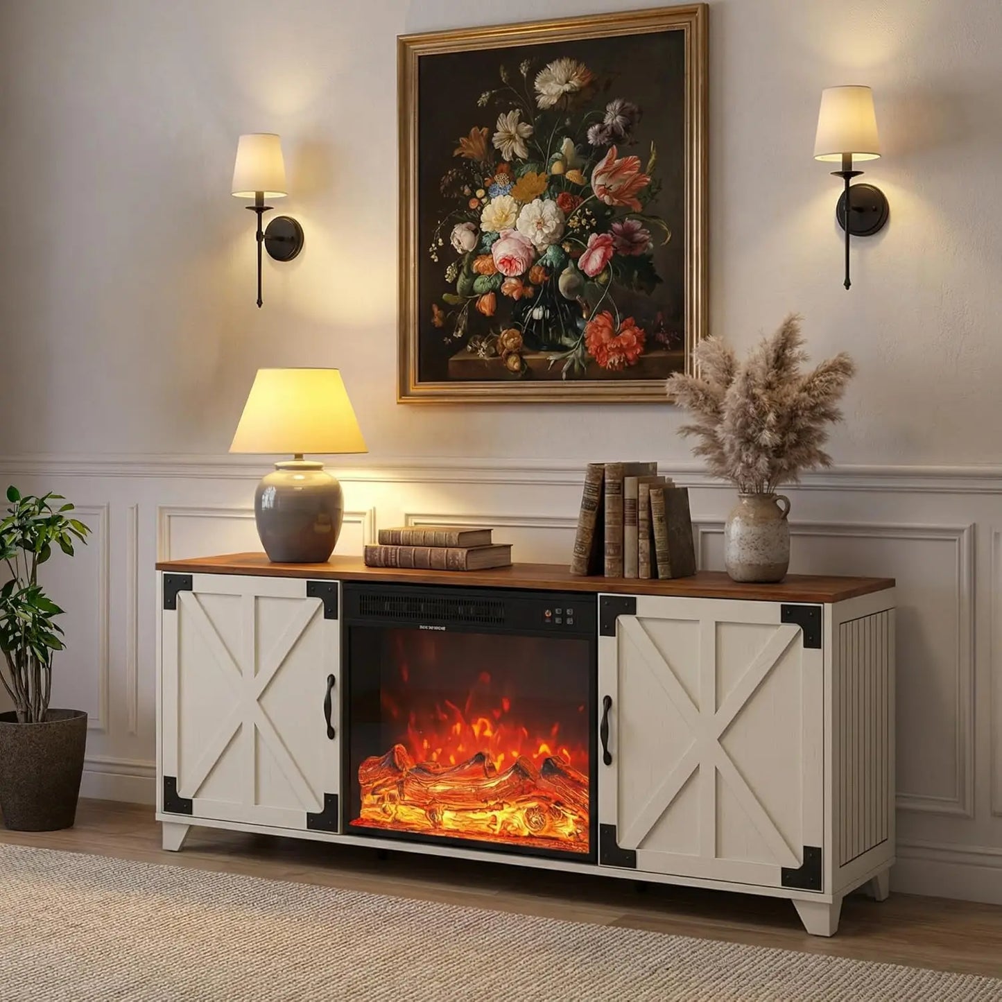 Fireplace TV Stand for Living Room, Farmhouse Entertainment Center with 23" Electric Fireplace for TVs UP to 65",, Customized